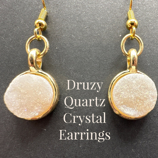 Druzy Crystal Agate Crystal Quartz Earrings Gold Tone