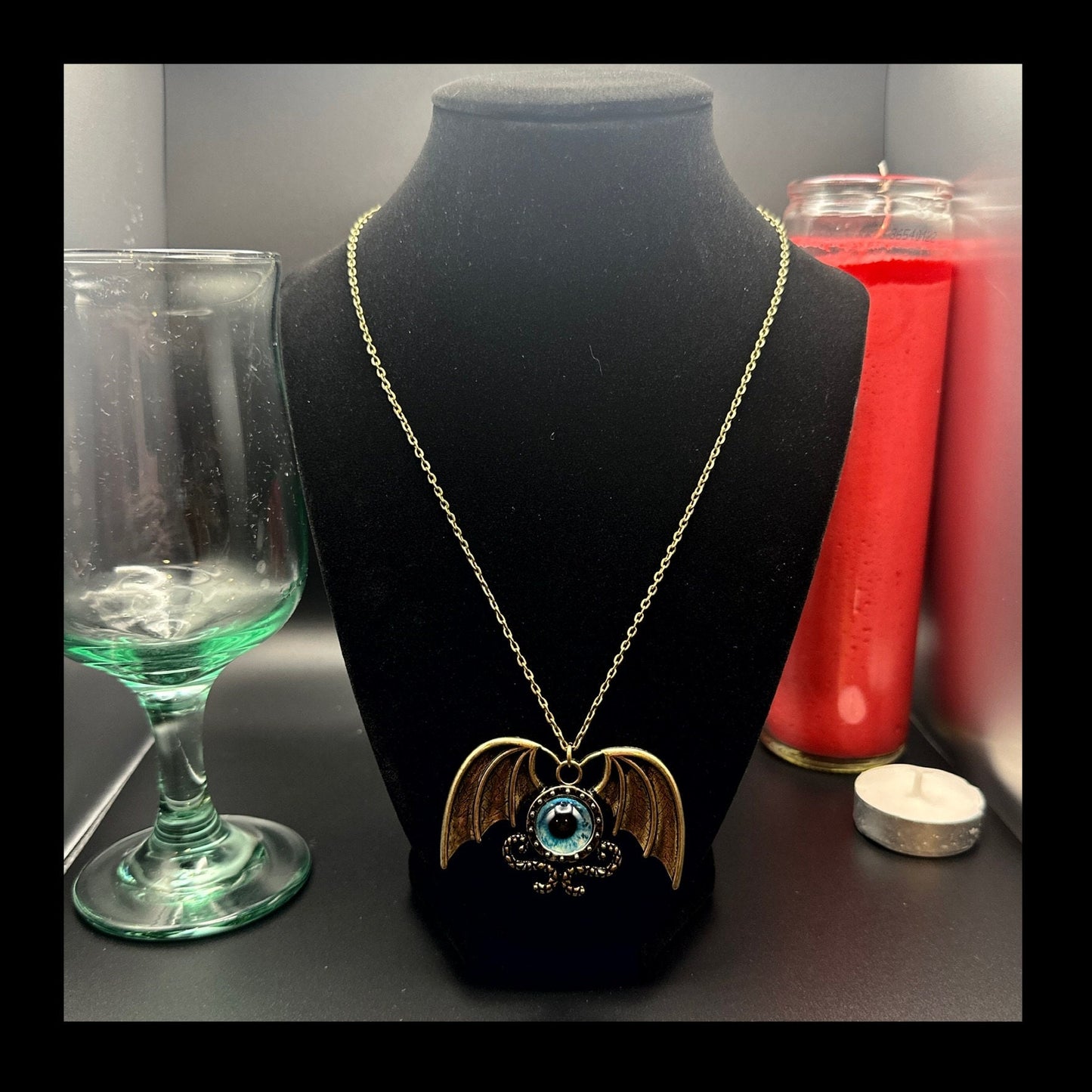 Antique Bronze Blue Eye Dragon Pendant Necklace