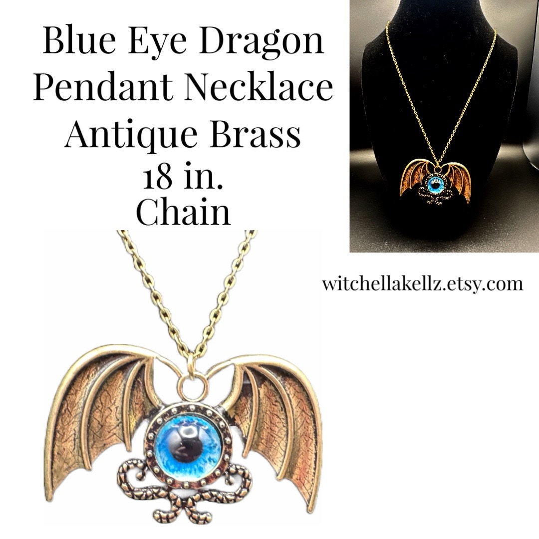 Antique Bronze Blue Eye Dragon Pendant Necklace