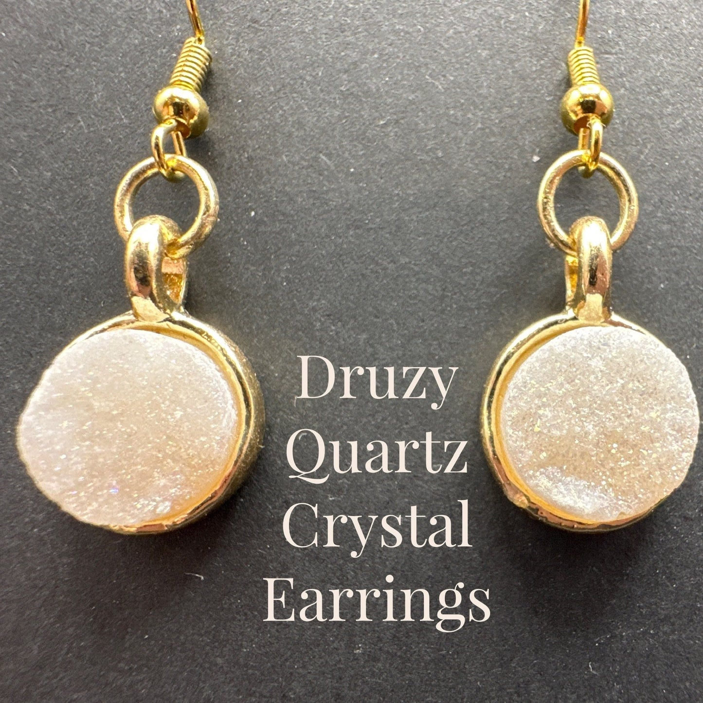 Druzy Crystal Agate Crystal Quartz Earrings Gold Tone