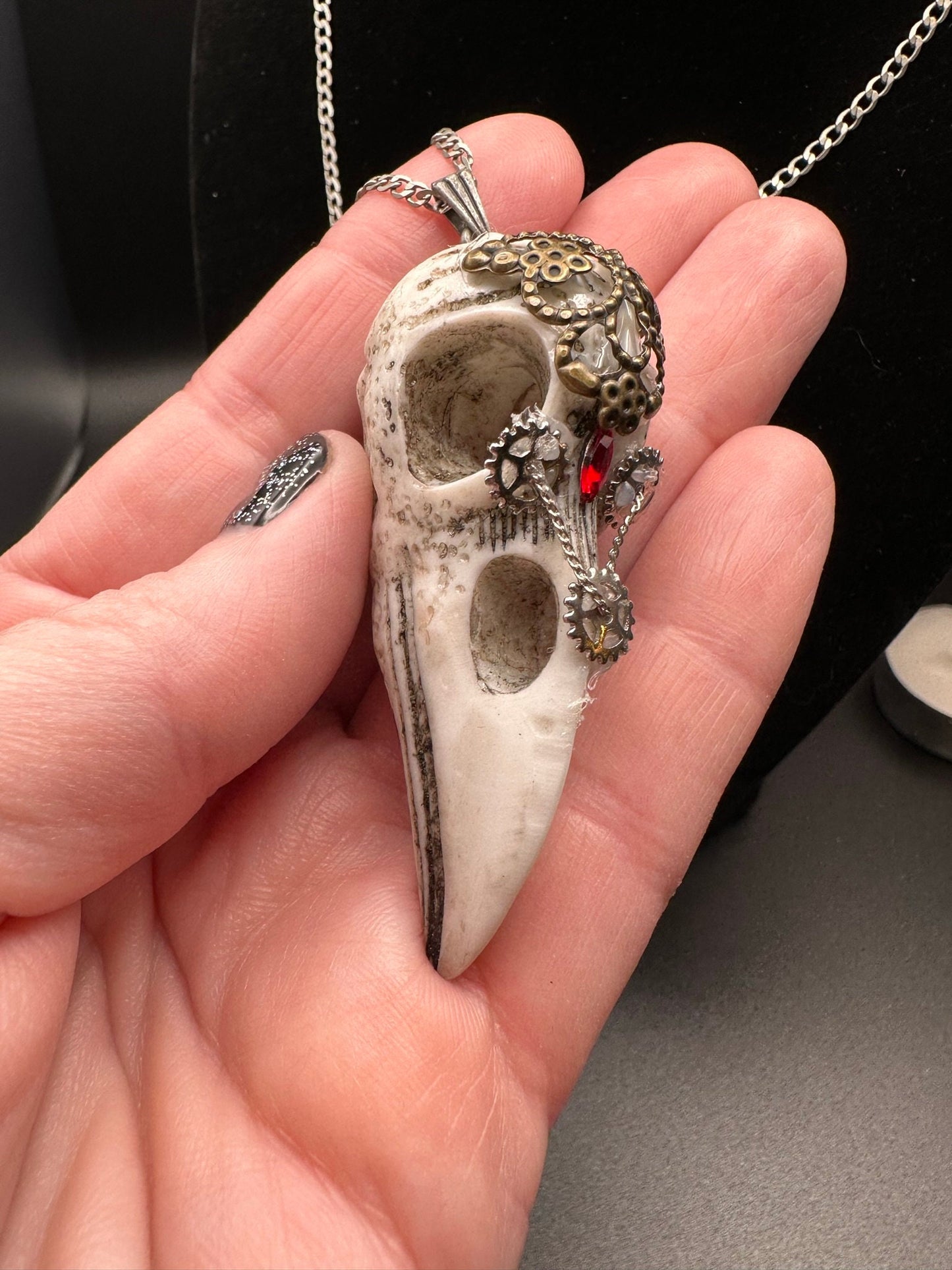 Steampunk Crow Bird Skull with Red Stone and Gears Pendant Necklace