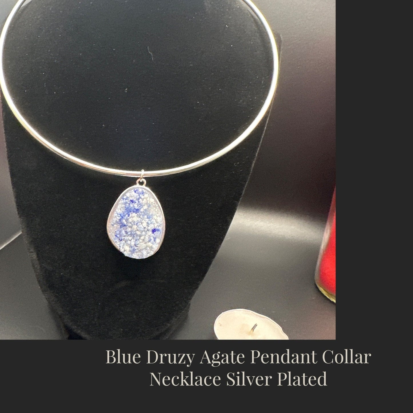 Blue Agate Druzy Crystal Pendant with Silver-Plated Collar Necklace
