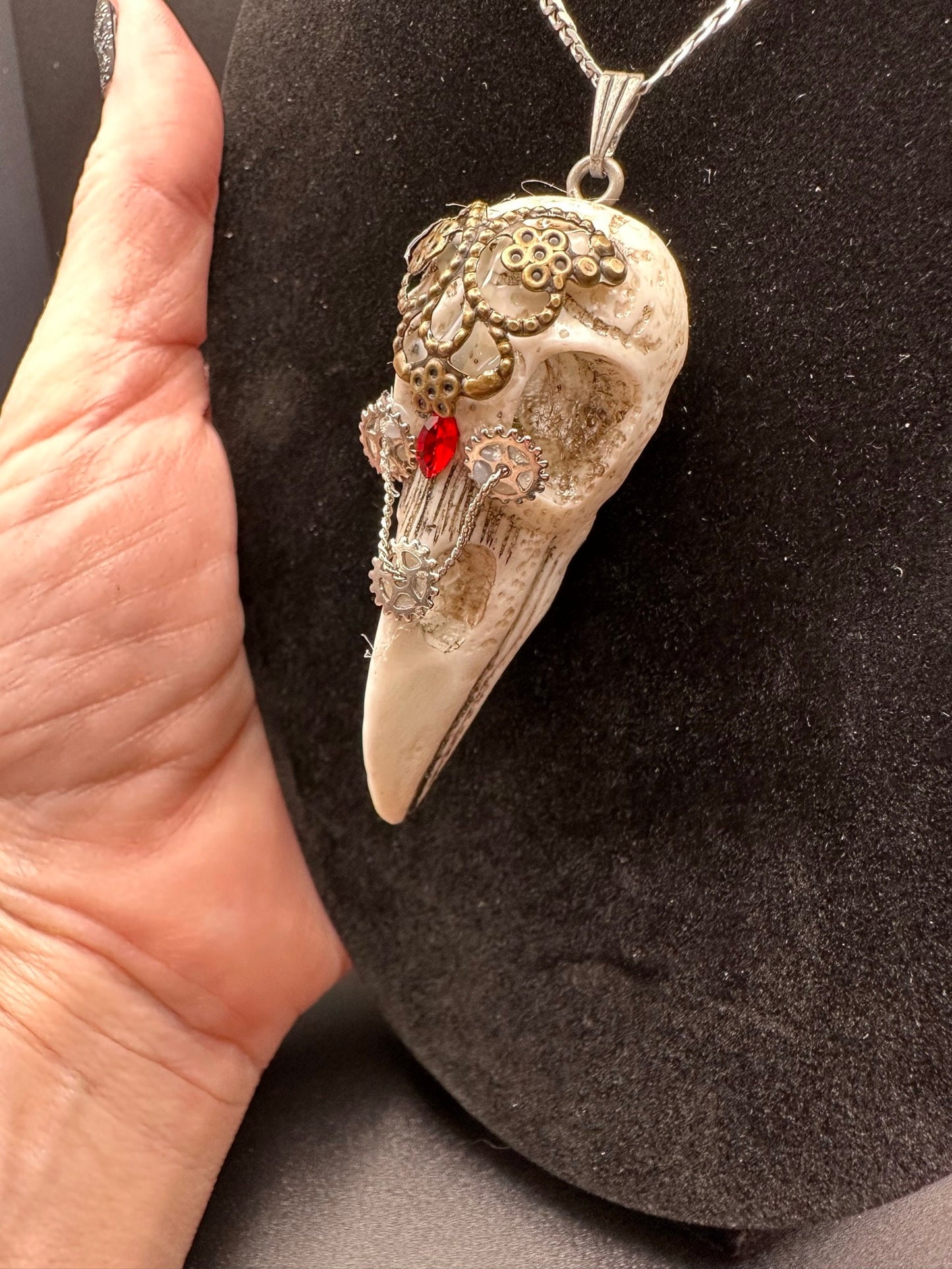 Steampunk Crow Bird Skull with Red Stone and Gears Pendant Necklace